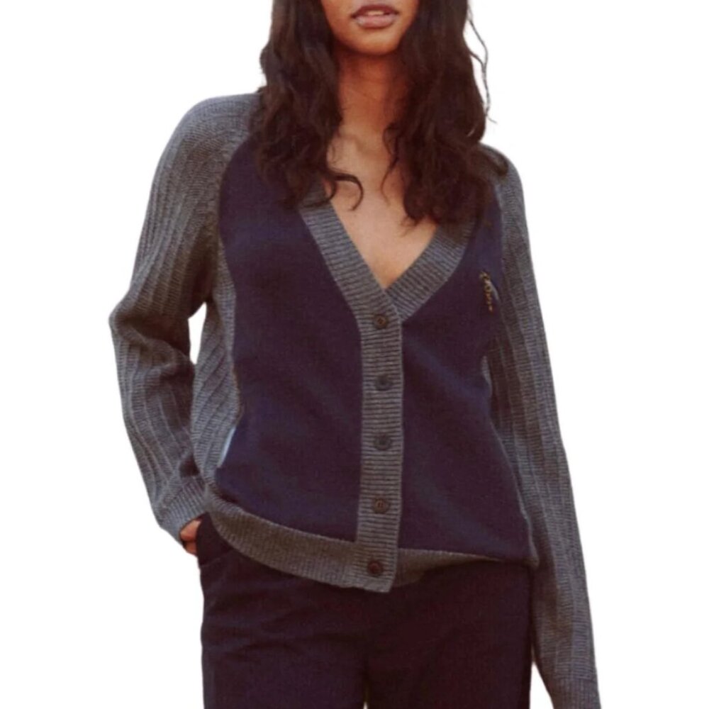 The GREAT Women's Fellow ColorBlock Cardigan in Navy and Grey